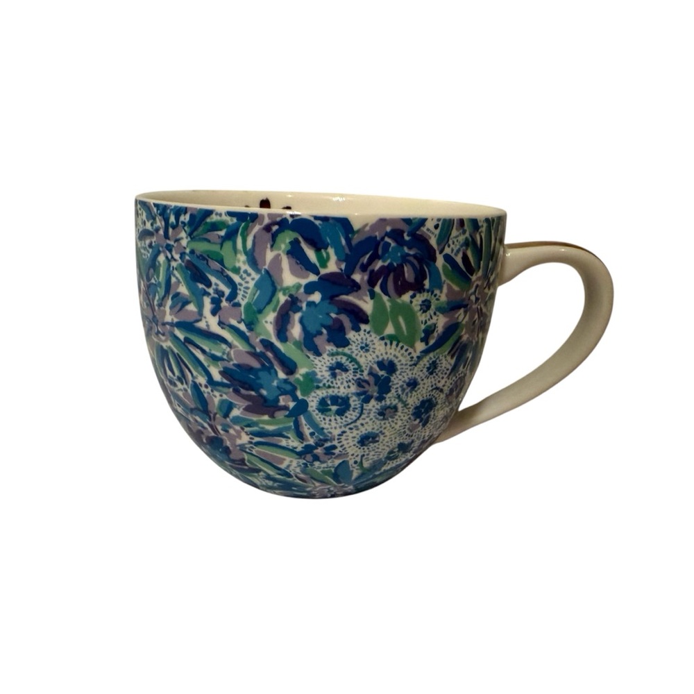 LILLY PULITZER CUP MUG BLUE WHITE FLORAL GOLD ACCENT HOME DINING